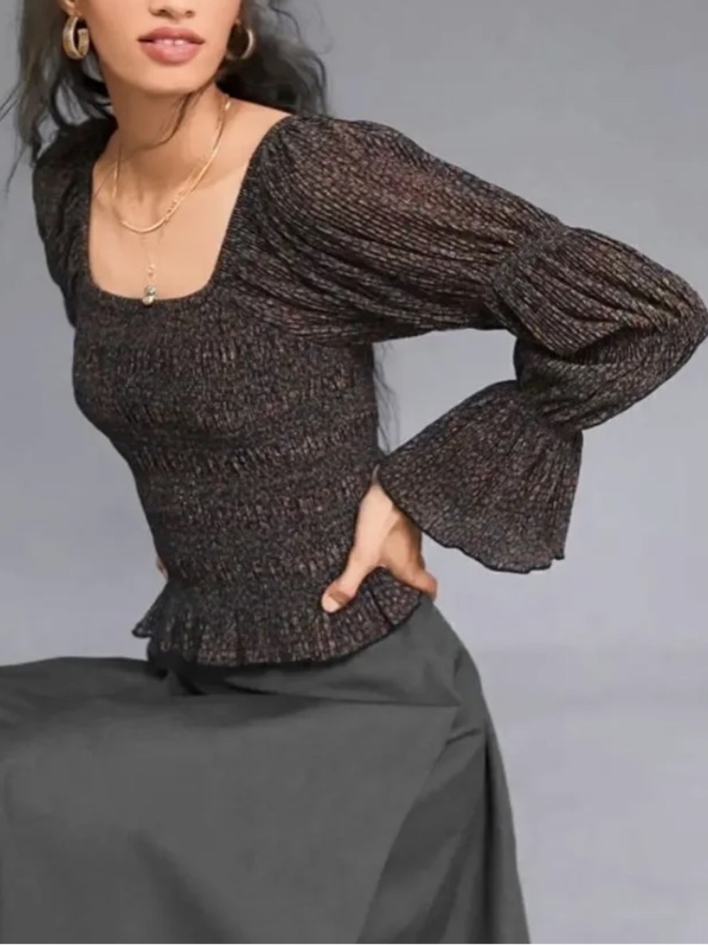 Anthropologie Metallic Square Neck Smocked  Top